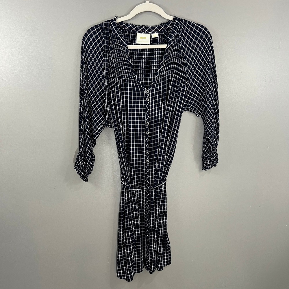 Maeve Anthropologie Dress Womens Small Navy Blue Great Plaid Smocked Tie Waist